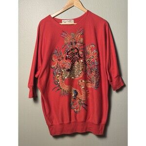 Vintage 80s Giuliano Women’s Red Sweater w/ Sequin Dragon Design